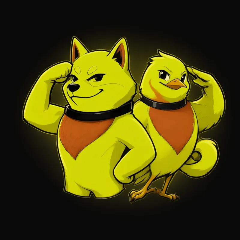 Robinu the neon-yellow Shiba and the neon-yellow robin, shoulder to shoulder, both saluting