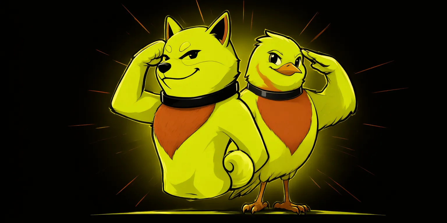 Robinu the neon-yellow Shiba and its robin partner saluting side by side