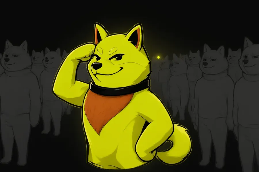 Robinu glowing neon yellow in front of a crowd of identical grey Shibas