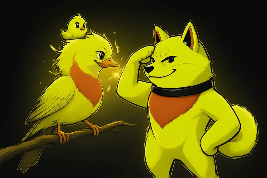 Robinu saluting a neon-yellow robin perched on a branch, sparks between them