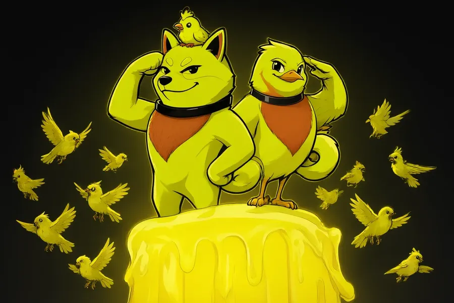 Robinu and the robin saluting on top of a glowing candlestick as a flock of yellow birds lands